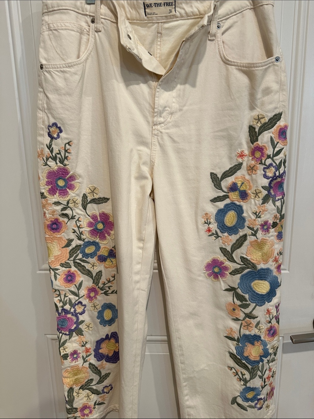 We The Free Cream Straight-Leg Jeans with Multicolor Floral Embroidery